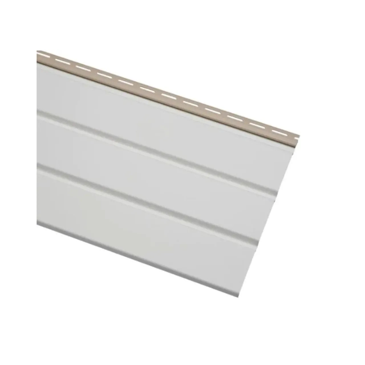 Angled view of the Go Build 1/2 in. x 12-3/4 in. x 12 ft. Ply Gem Vinyl Soffit Non-Ventilated panel in white, featuring horizontal grooves and a perforated top edge for installation; ideal for non-ventilated soffit applications.